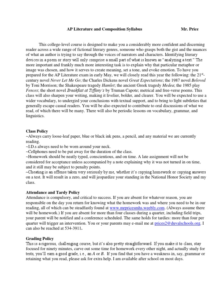 AP Literature and Composition Overview | PDF | Homework | Poetry