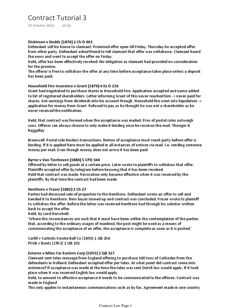Contract Tutorial 3 Case Summaries Pdf Offer And Acceptance Legal Concepts