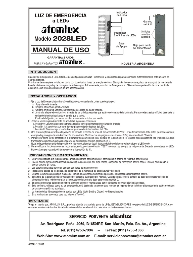 Manual Luz de Emergencia A LED ATOMLUX Modelo 2028 LED PDF PDF