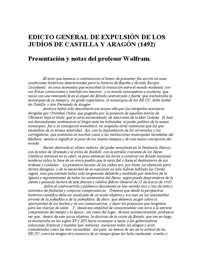 Edicto General de Expulsión de Los Judíos de Castilla y Aragón (1492