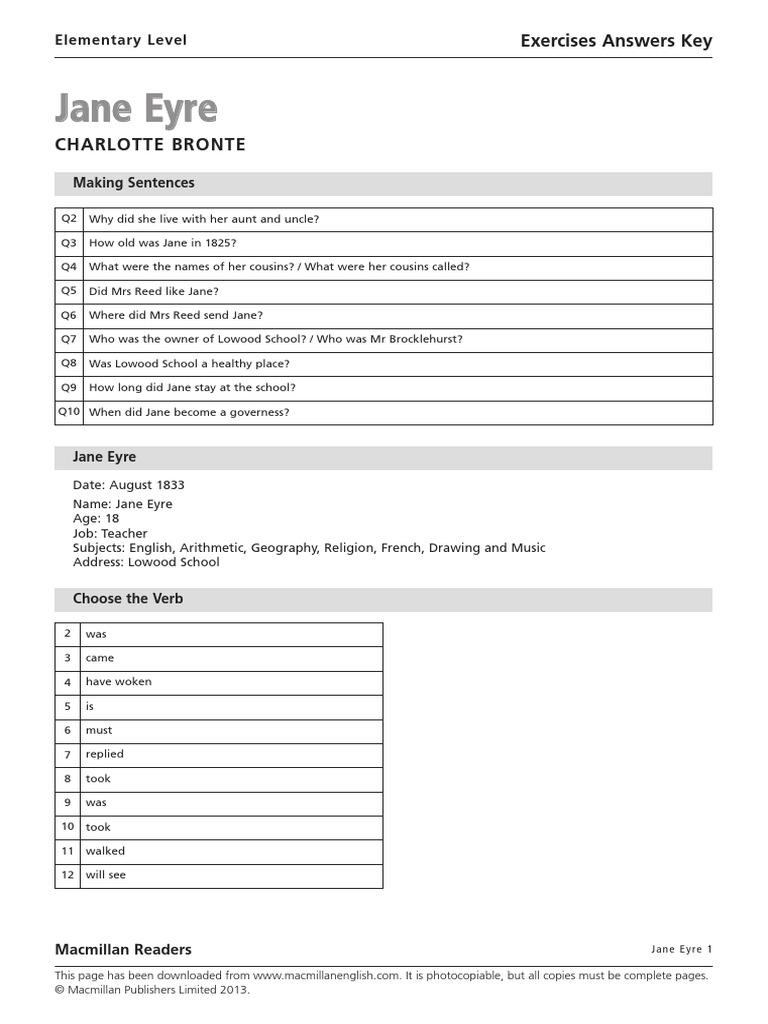 Jane Eyre Exercises Answer Key.pdf Jane Eyre Novels