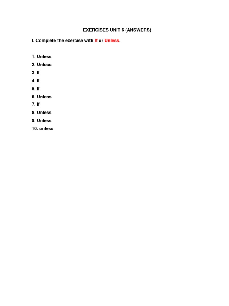Unit 6 Exercises: If/Unless Answers | PDF