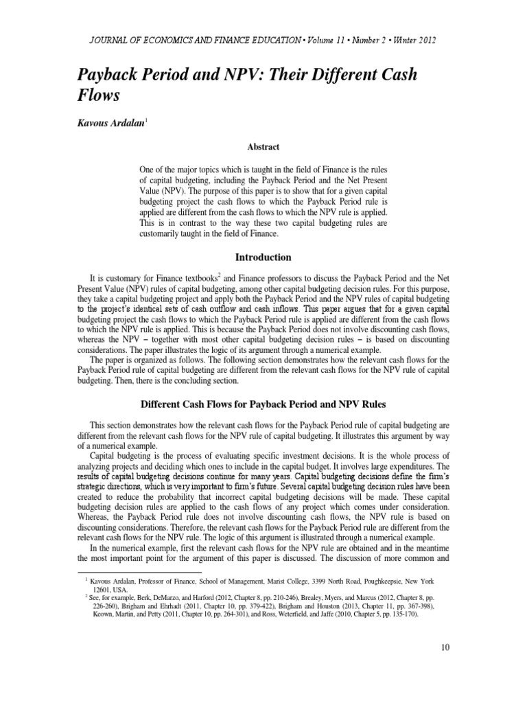 Payback Period vs NPV Cash Flows | PDF | Capital Budgeting | Net ...