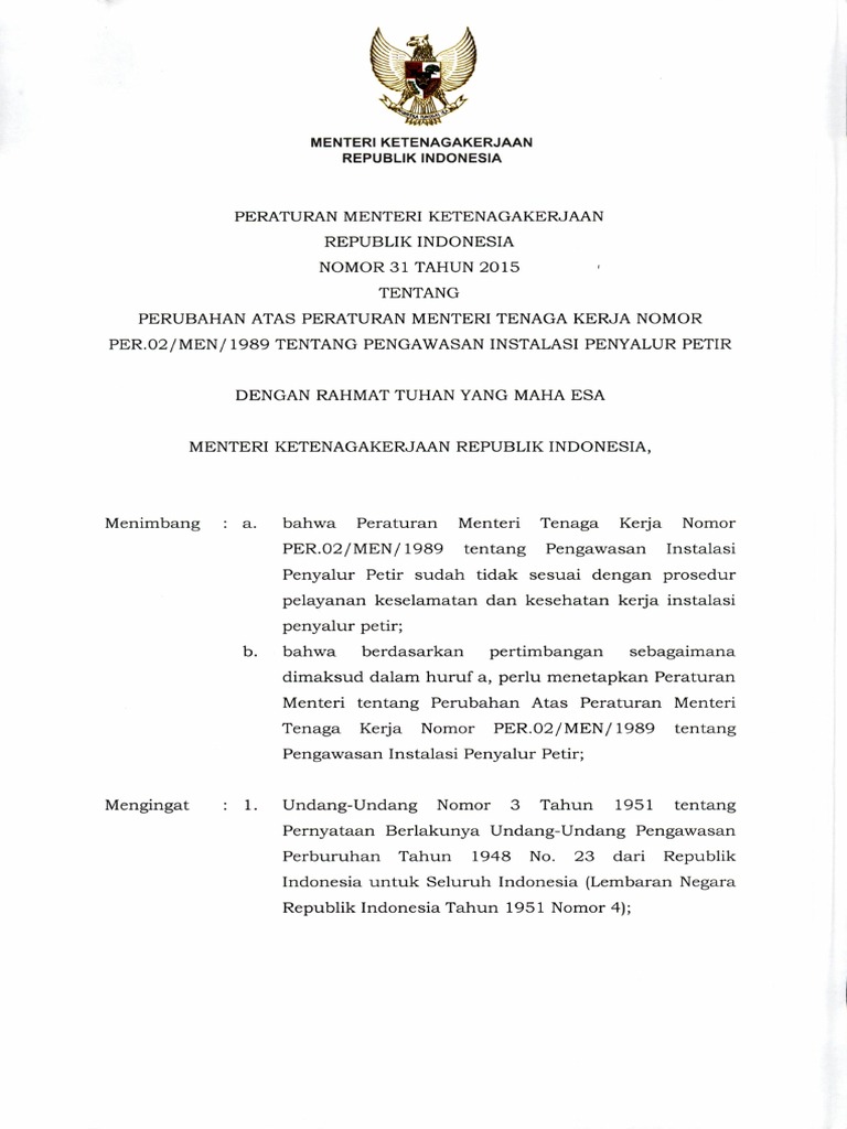 Permenaker No 31 Tahun 2015 Tentang Perubahan Atas Peraturan Menteri