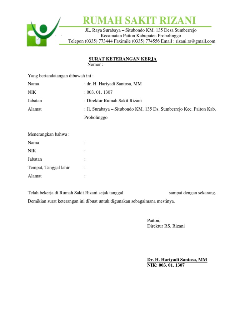 Surat Keterangan Kerja RS Rizani Probolinggo | PDF