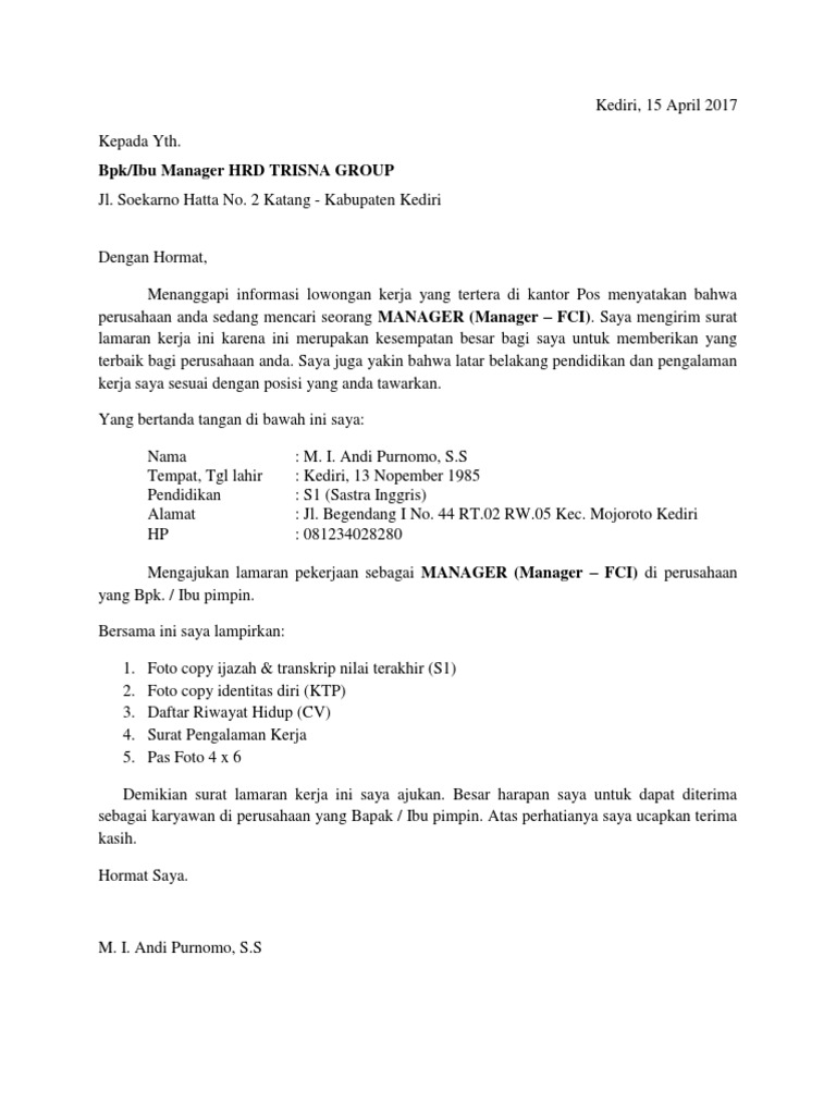 Contoh Surat Lamaran Kerja Trisna