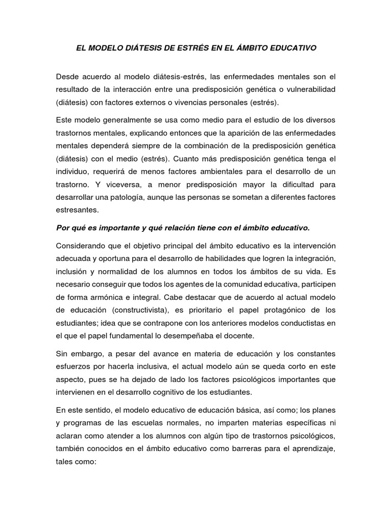 El Modelo Diátesis de Estrés en El Ámbito Educativo PDF Estrés