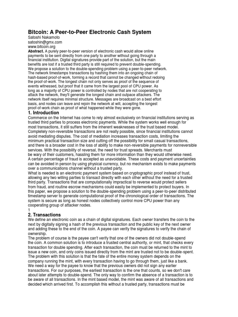 Bitcoin: Peer-to-Peer Cash System Explained | PDF | Public Key Cryptography  | Financial Transaction
