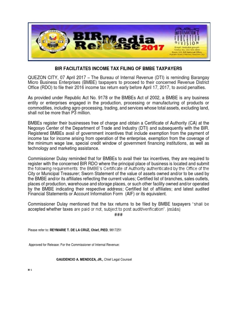BIR Guidelines for BMBE Tax Filing | PDF