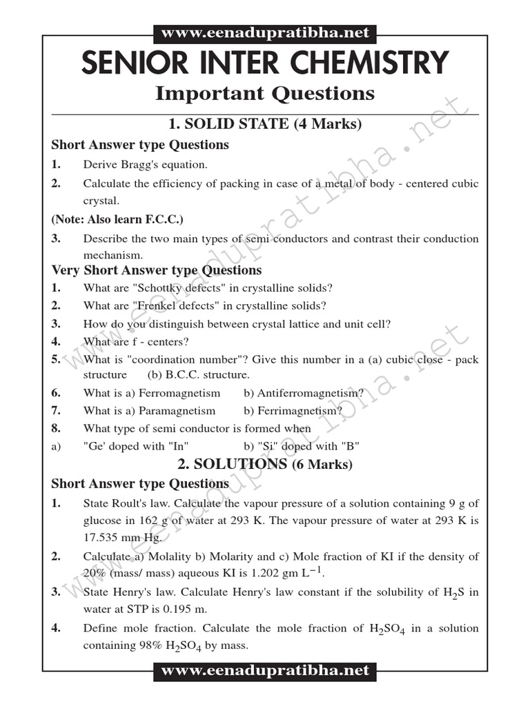 Senior Inter Chemistry Important Questions | PDF | Battery (Electricity ...
