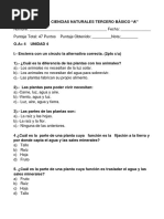 Prueba de Ciencias Naturales Tercero Basico