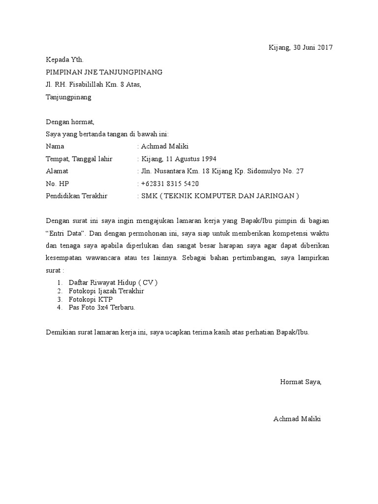 Contoh Surat Lamaran Kerja 3second