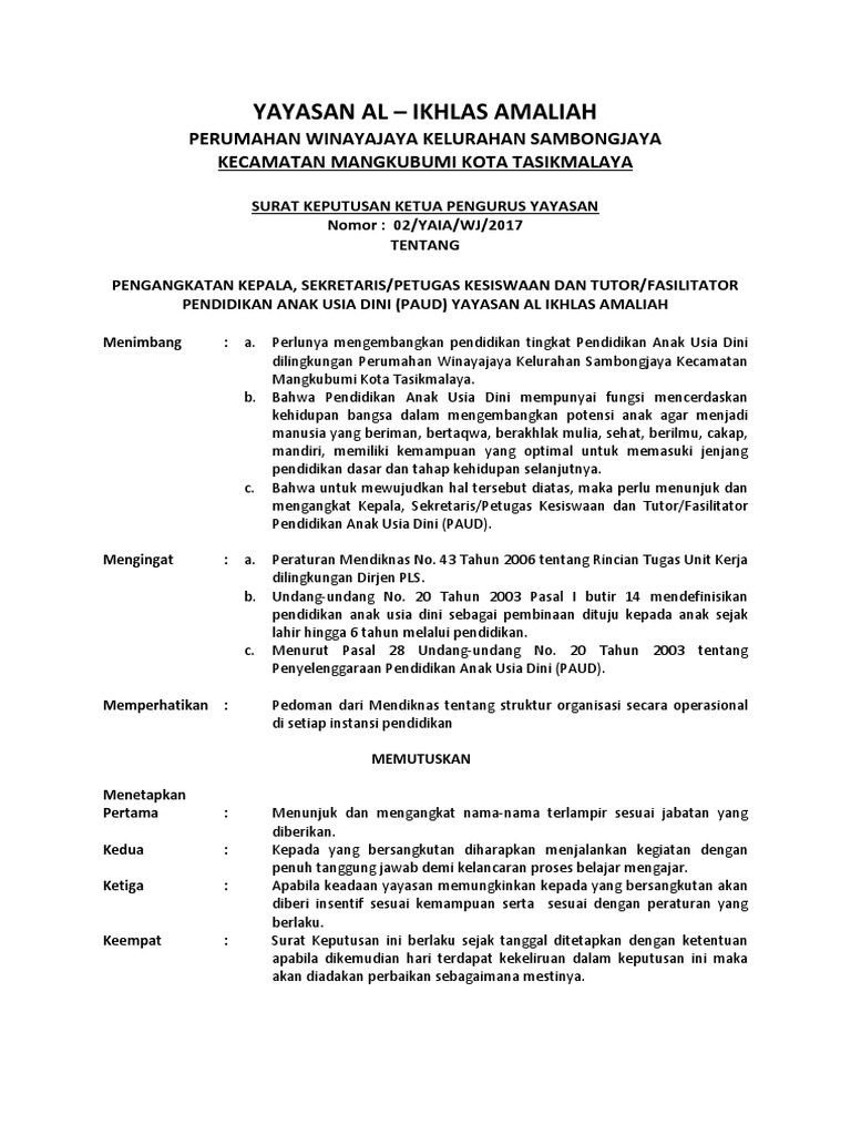 Sk Kepala Paud Yayasan Al Ikhlas Amaliah Pdf