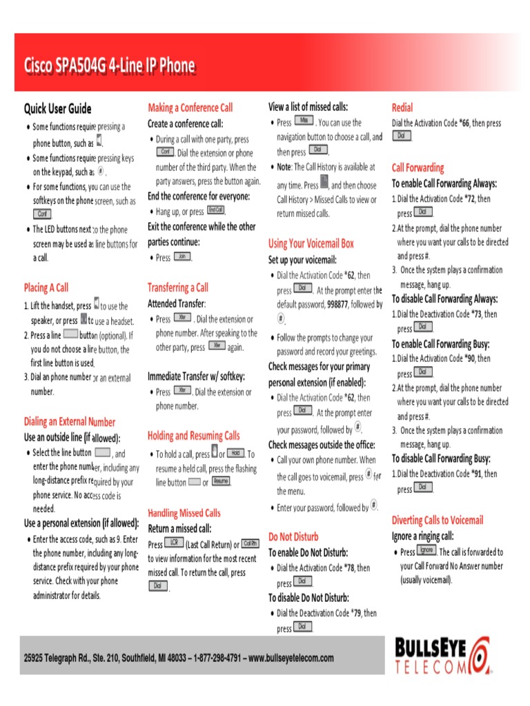 Cisco SPA504G 4Line IP Phone Quick User Guide PDF Telephone Number