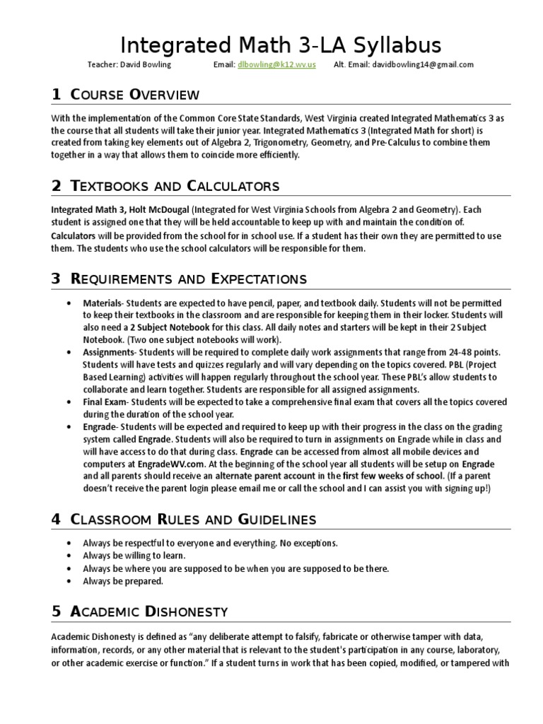 Integrated Math 3 Syllabus | PDF | Academic Dishonesty | Syllabus