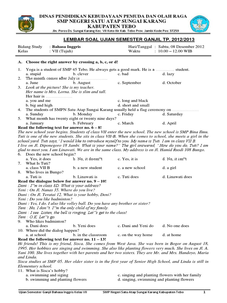 Soal Bhs Inggris Kls Vii I Dadangjsn Pdf Librarian Libraries