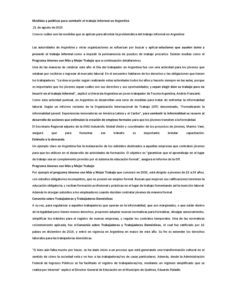 Medidas contra el trabajo informal en Argentina | PDF | Derecho laboral ...