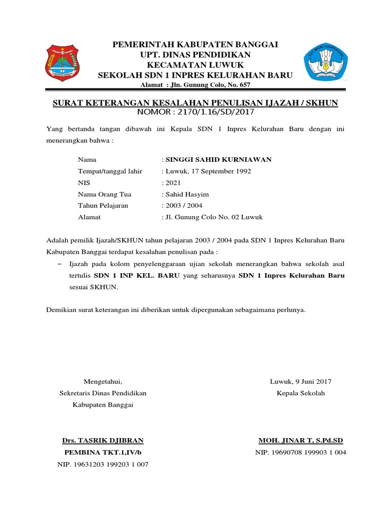 Contoh Surat Keterangan Salah Penulisan Ijazah Dari 