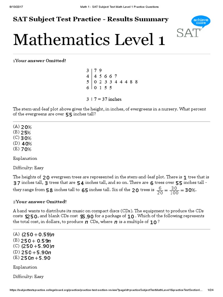 Math 1 - SAT Subject Test Math Level 1 Practice Questions | Area | Circle
