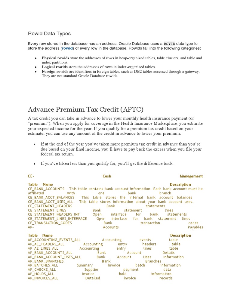Advance Premium Tax Credit (APTC) : Rowid Data Types | PDF | Pl/Sql ...