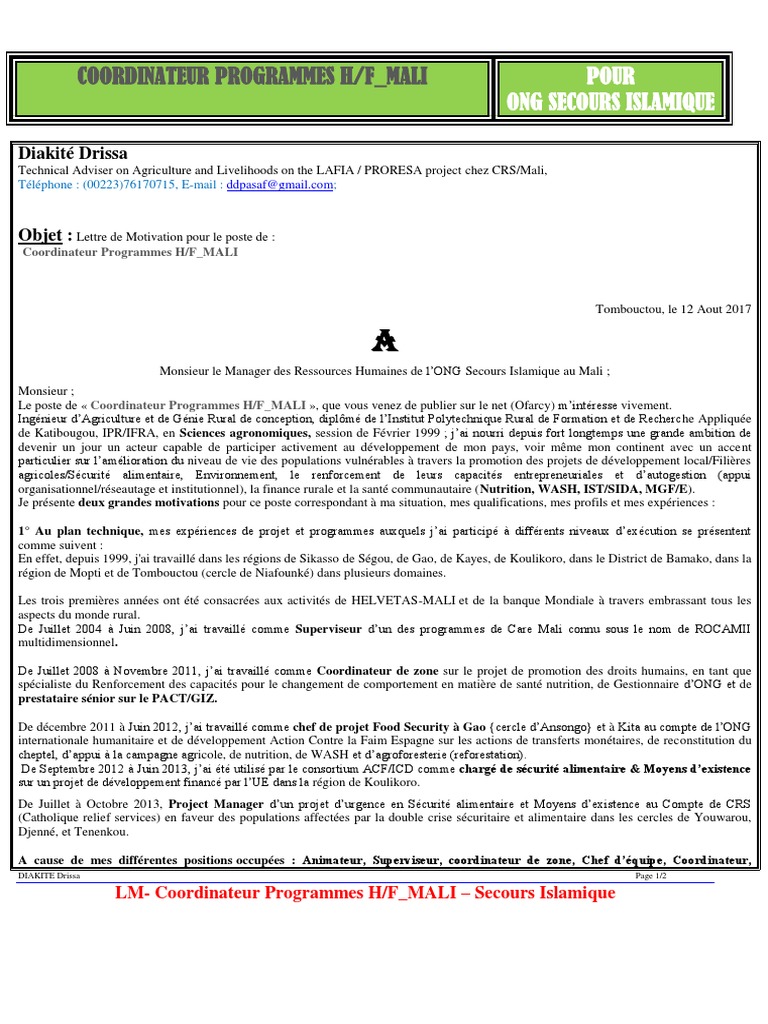 Lettre De Motivation Diakite Drissa Pour Votre Poste De Coordinateur De Programme Program Coordinator Au Mali Pdf Mali Securite Alimentaire