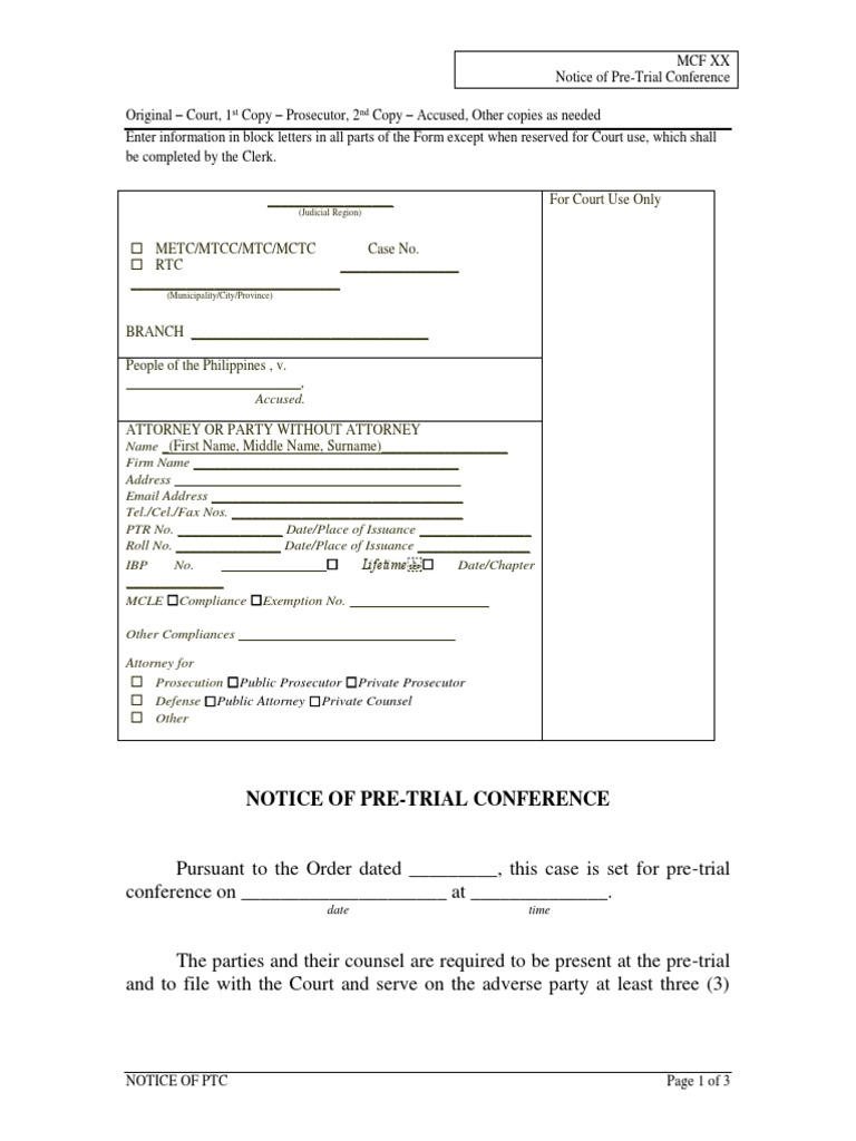 Notice of Pre-Trial Conference Details | PDF | Service Of Process | Lawsuit
