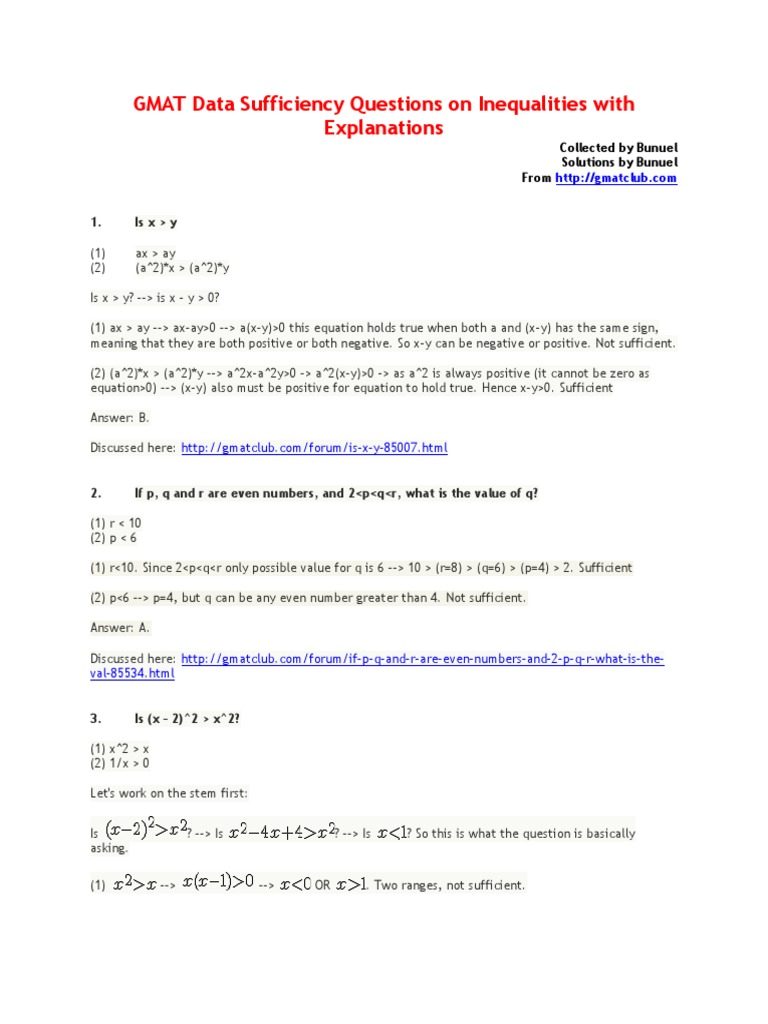 GMAT Data Sufficiency Questions On Inequalities With Explanations | PDF ...