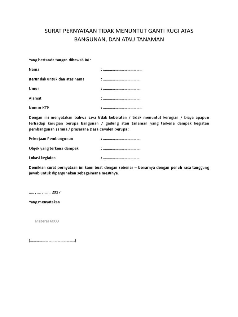 Surat Pernyataan Tidak Menuntut Ganti Rugi Atas Bangunan1111