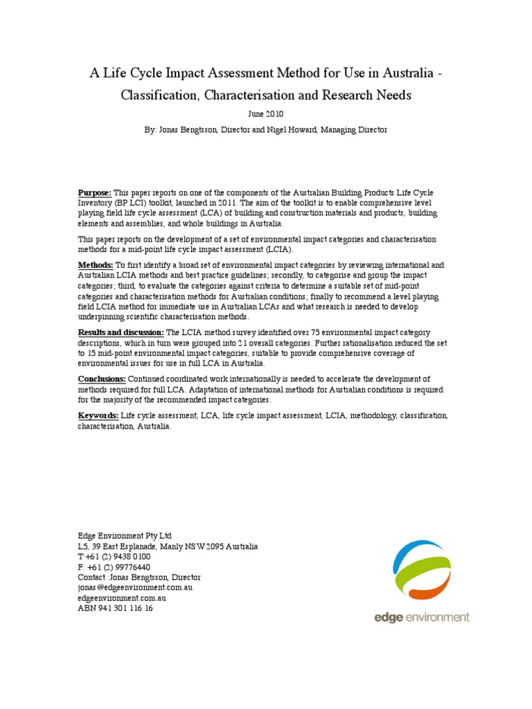 A Life Cycle Impact Assessment Method For Australia PDF | PDF | Life ...