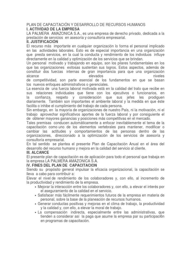 Plan de Capacitación en Recursos Humanos | PDF | Recursos humanos ...