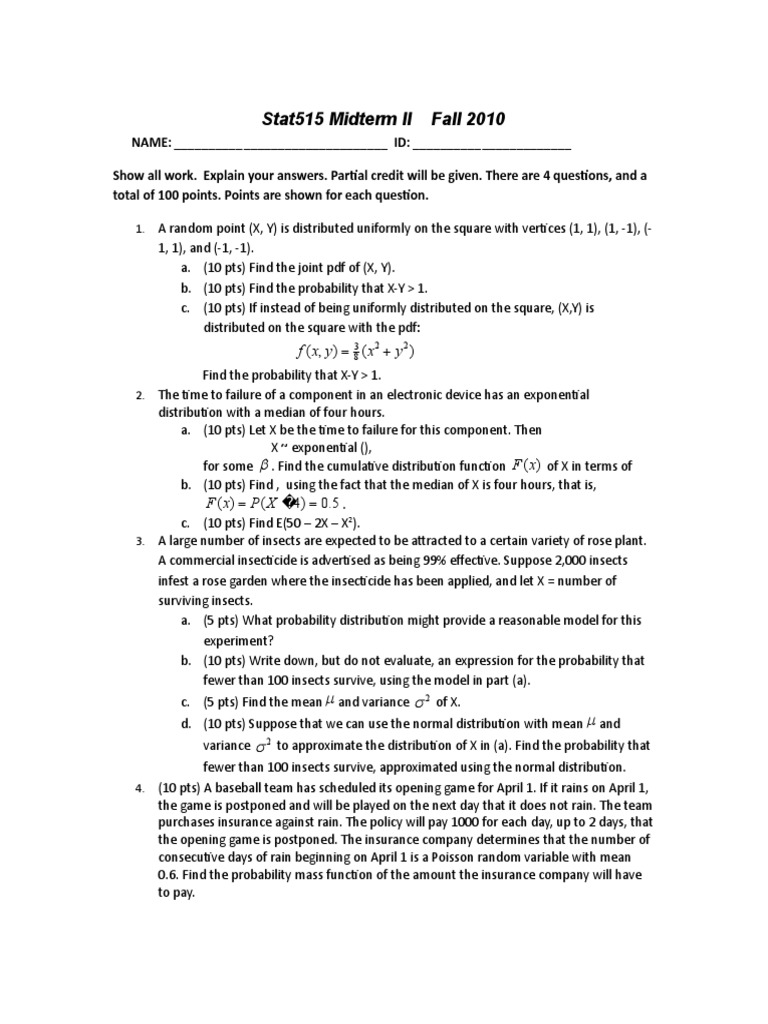 Stat515 Midterm II Fall 2010 Exam Questions | PDF | Probability ...