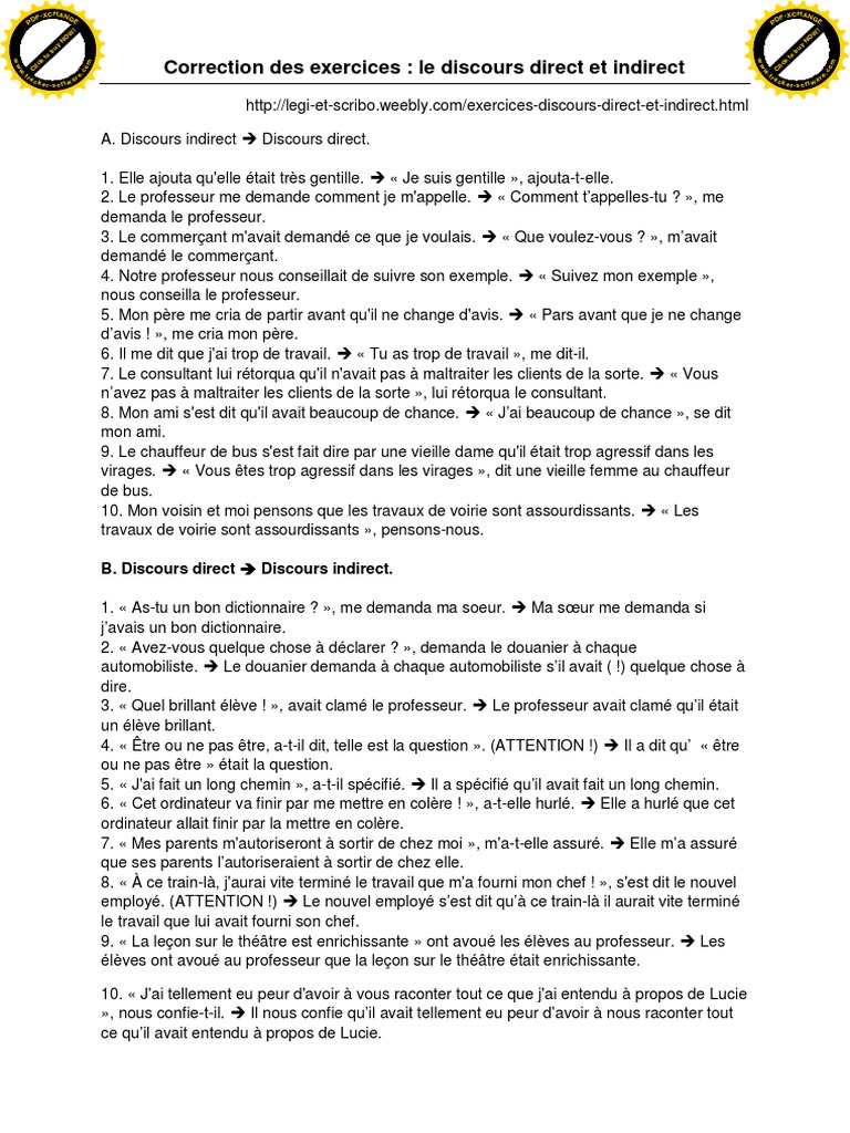 Discours Direct et Indirect: Exercices et Corrections | PDF | Chess ...
