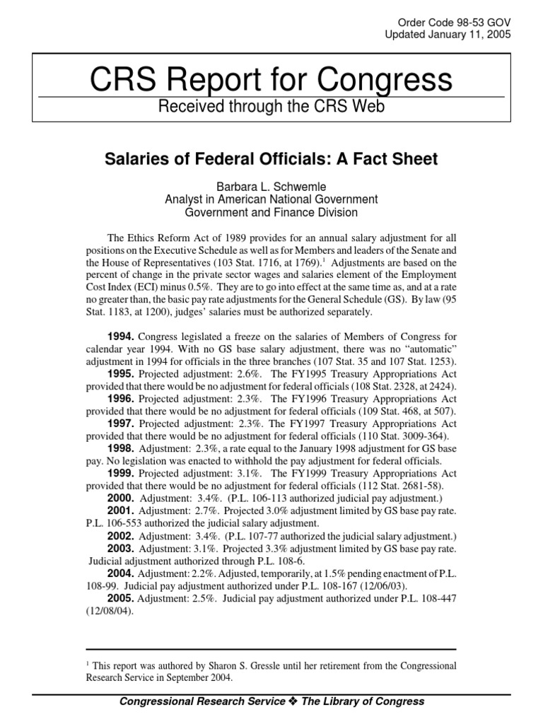 CRS Report For Congress Salaries of Federal Officials A Fact Sheet