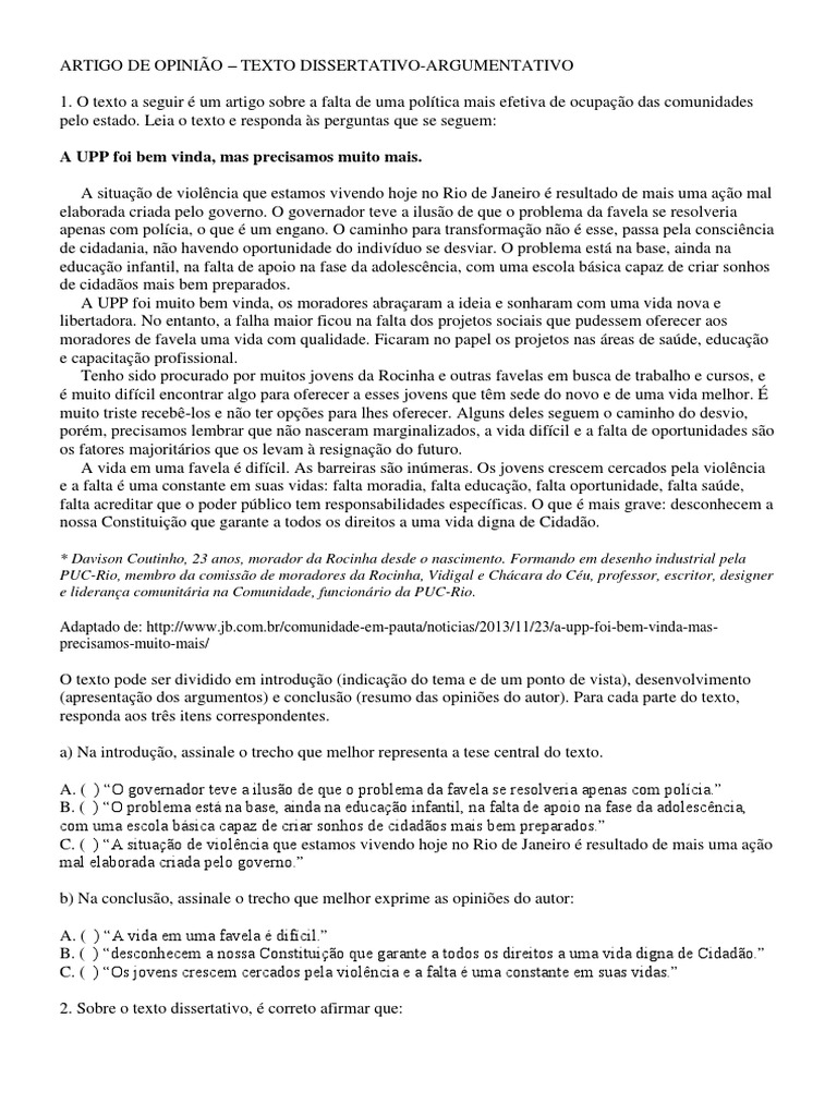 ARTIGO DE OPINIÃO-TEXTO DISSERTATIVO-ARGUMENTATIVO | Favela | Juventude