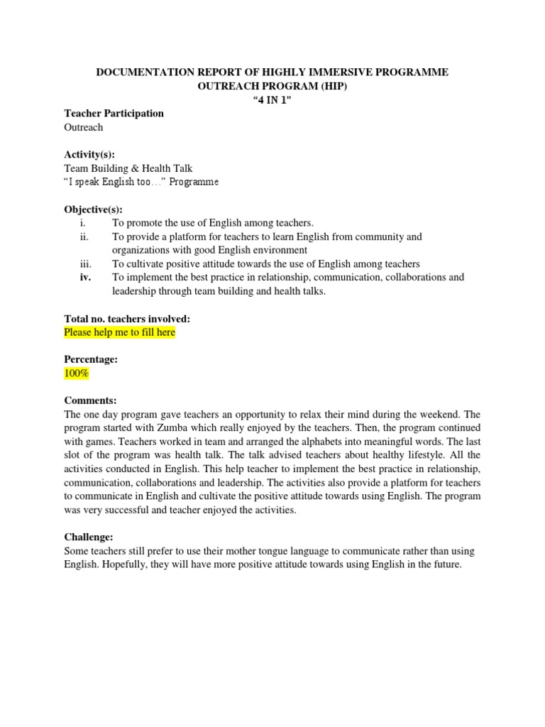 Documentation Report Of Highly Immersive Programme Outreach Program Pdf
