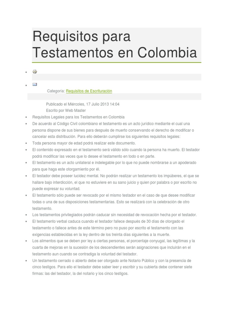 Requisitos Para Testamentos en Colombia Voluntad y testamento Gobierno