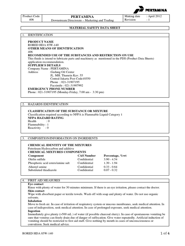 RORED HDA 85W-140 MSDS Overview | PDF | Combustion | Toxicity