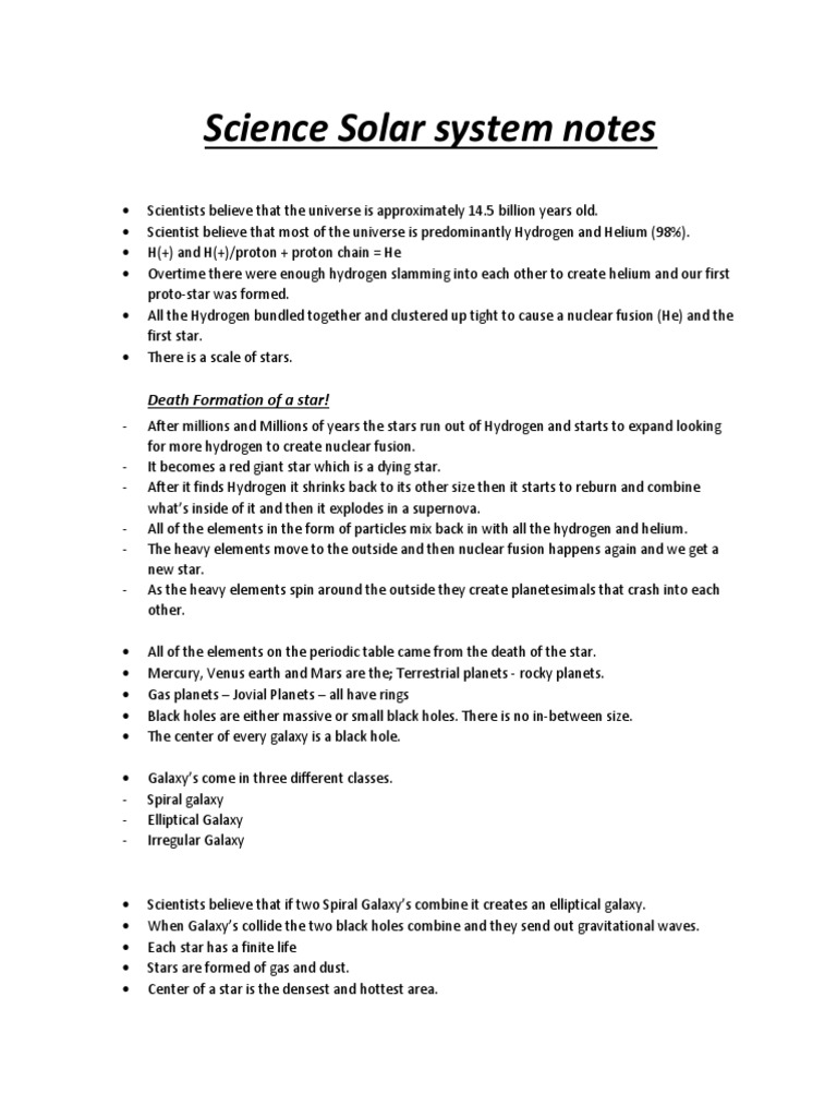 Science Solar System Notes Stars Planets