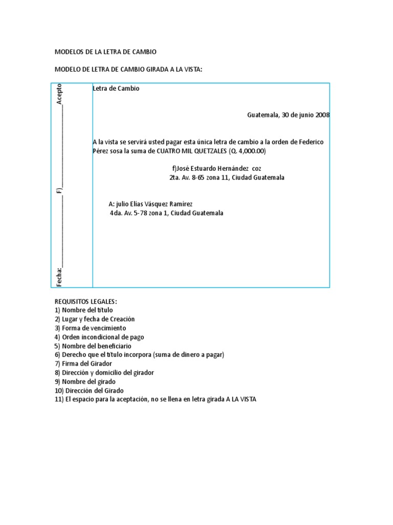 Letra De Cambio Ejemplo Modelos de La Letra de Cambio Guatemala | PDF | Pagaré | Finanzas (general)