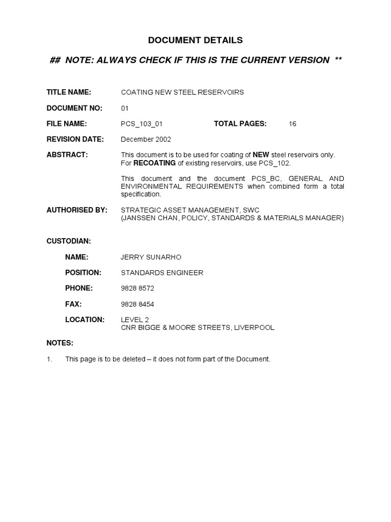 SYDNEY WATER AWT 103 Sydney Water Steel Reservoirs Coatings PDF