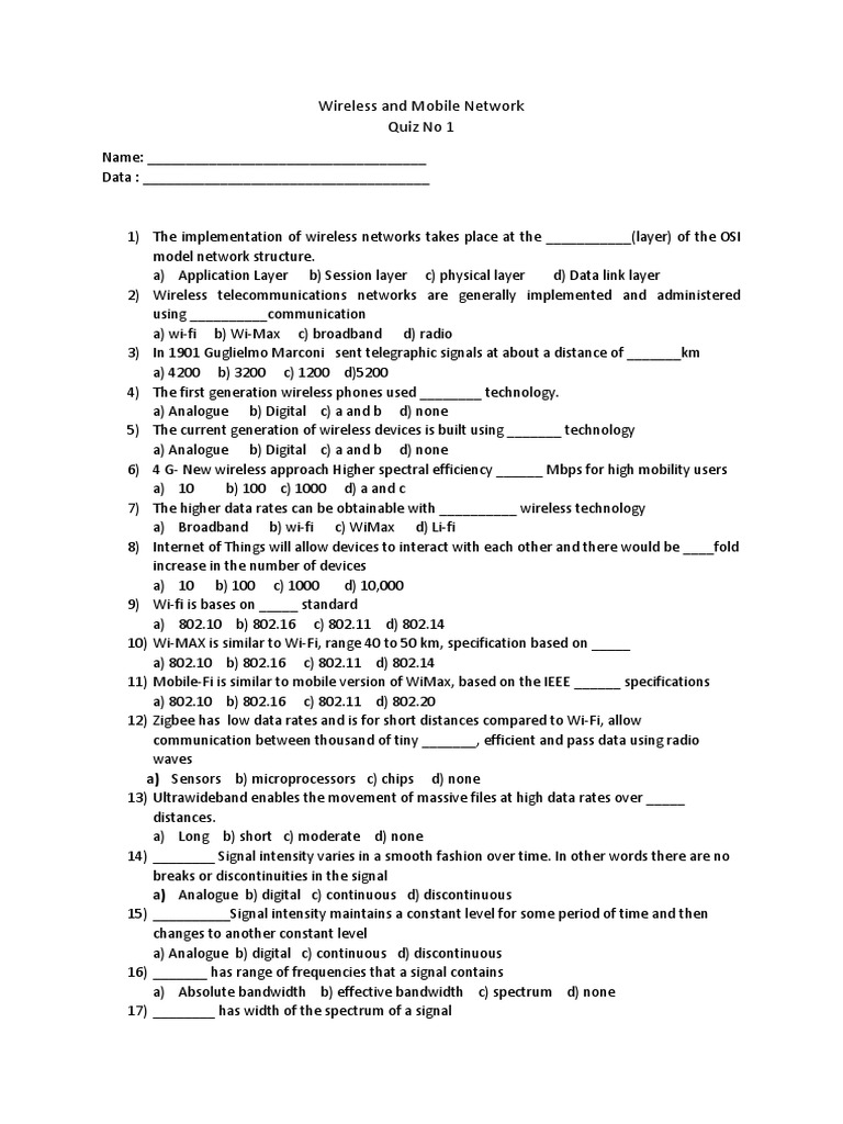 Wireless and Mobile Network Quiz | PDF | Osi Model | Transmission Medium