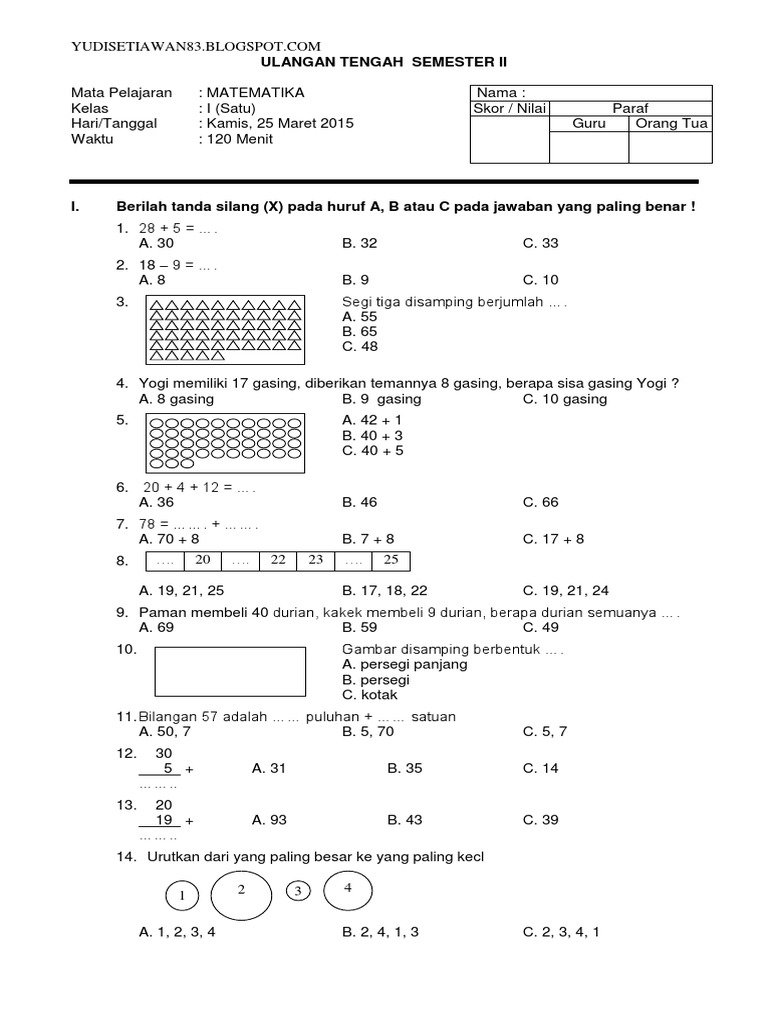 SOAL UTS KTSP MATEMATIKA KELAS 1 SD SEMESTER 2.docx