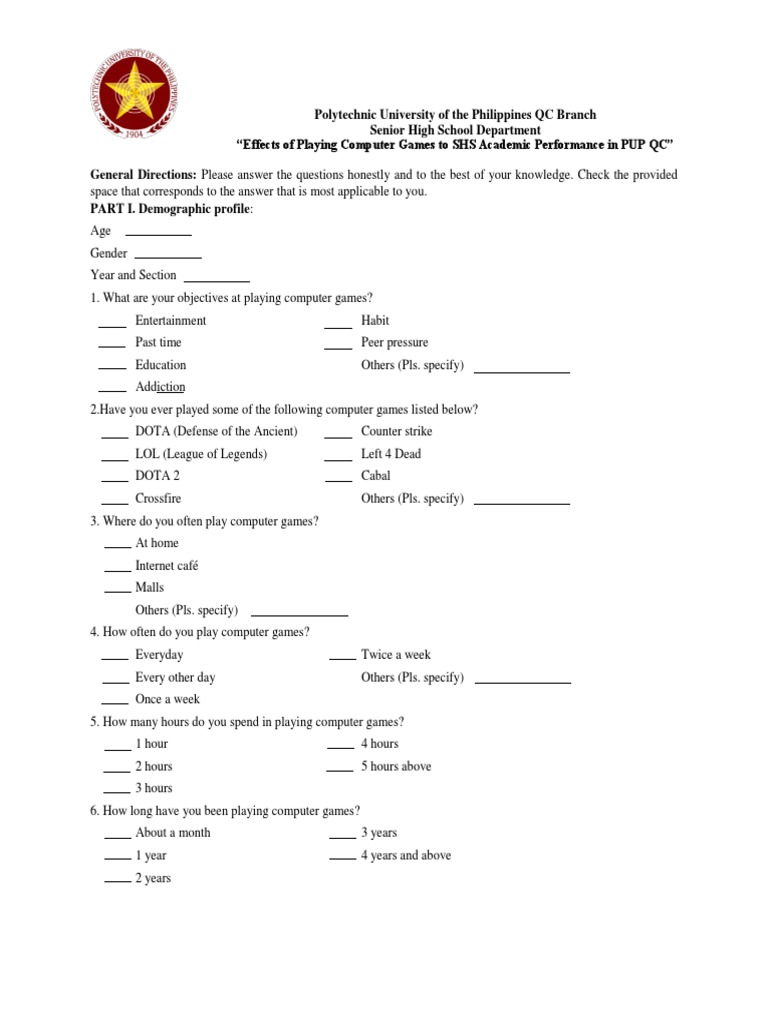 Questionnaire on Computer Games | Video Games | Homework