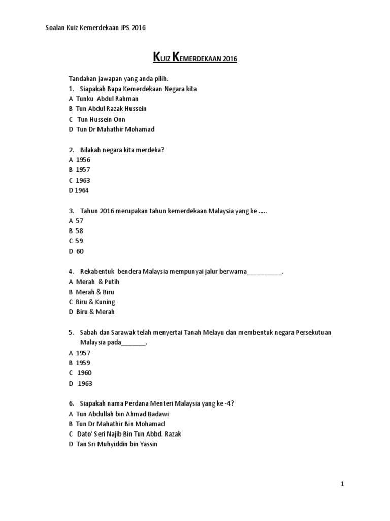 Contoh Soalan Kuiz Kemerdekaan Dan Jawapan Document