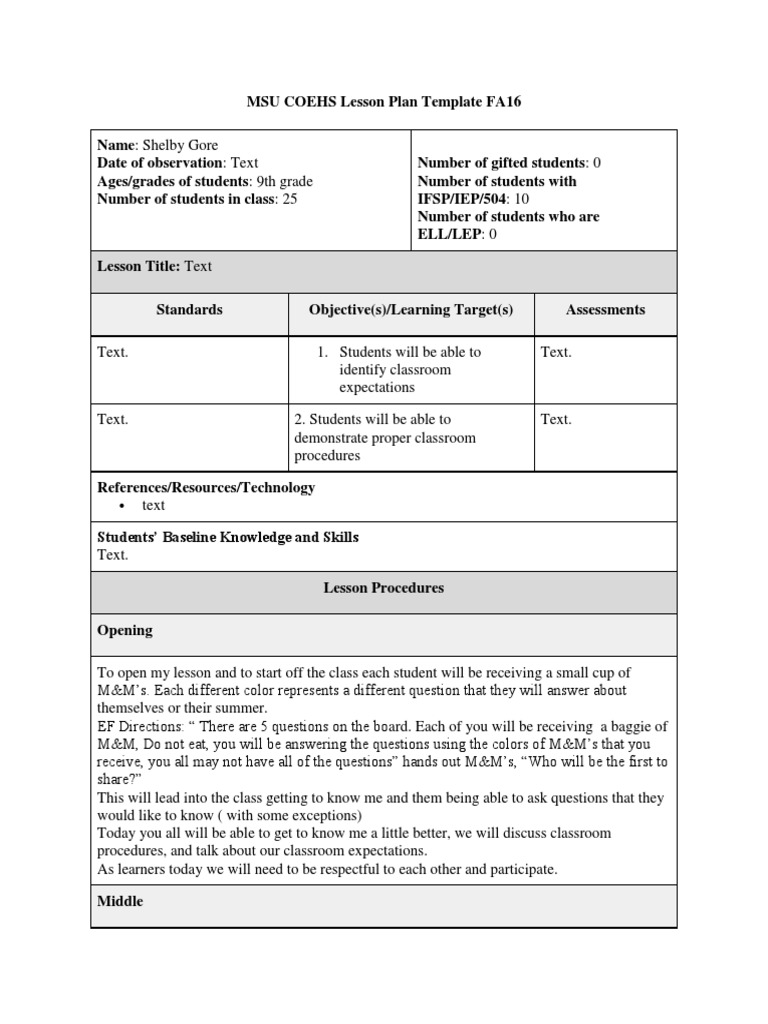 MSU COEHS Lesson Plan Template | PDF | Lesson Plan | Classroom