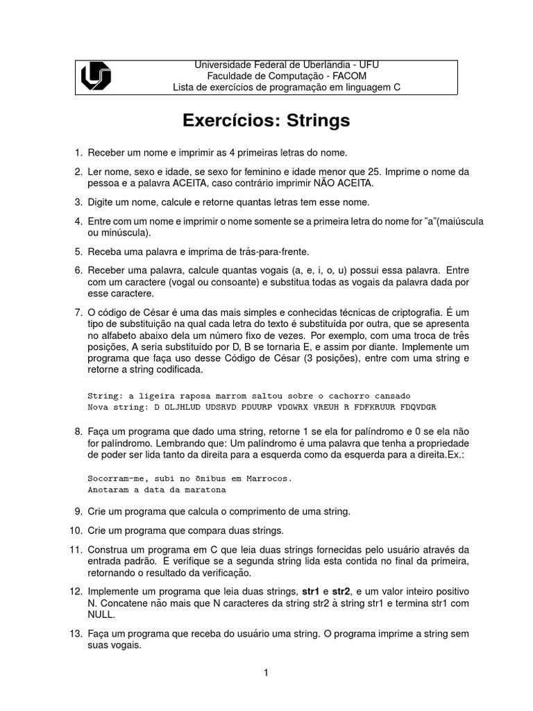 Exercícios de Programação em C: Strings | PDF | String (Ciência da ...