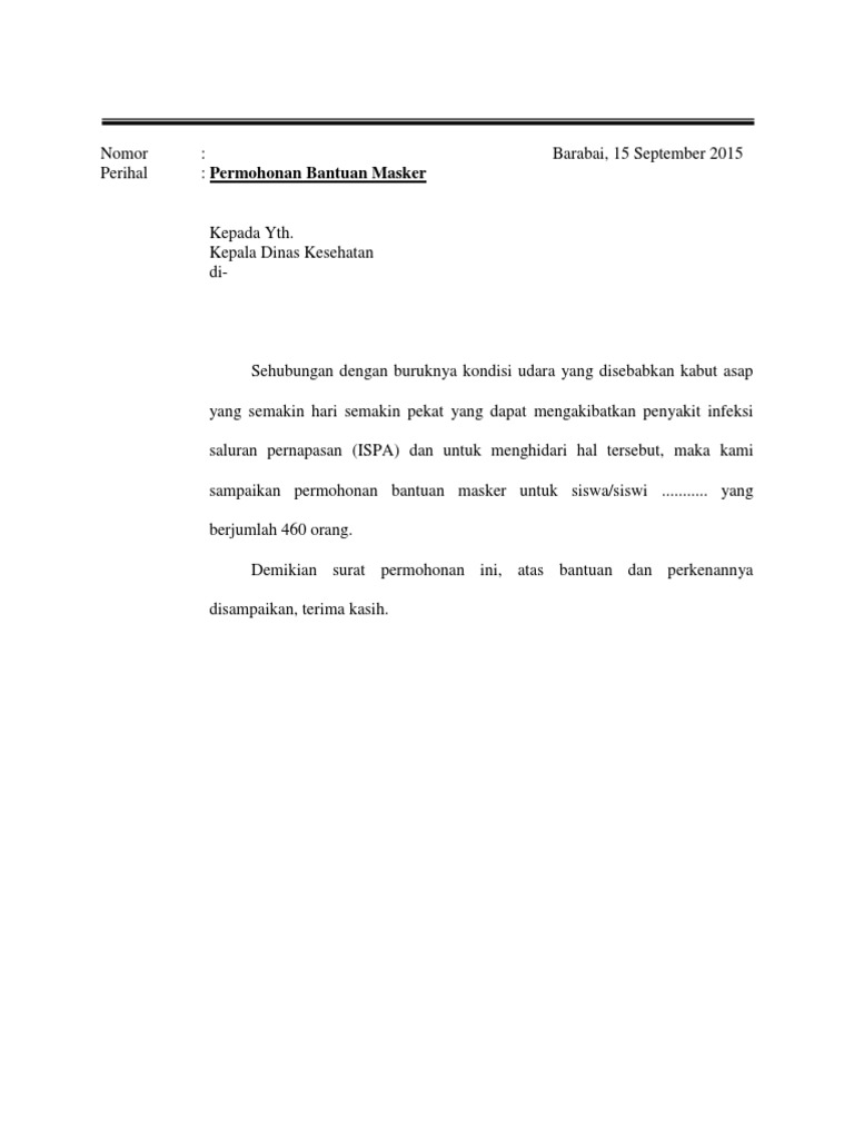 Surat Permhonan Bantuan Masker