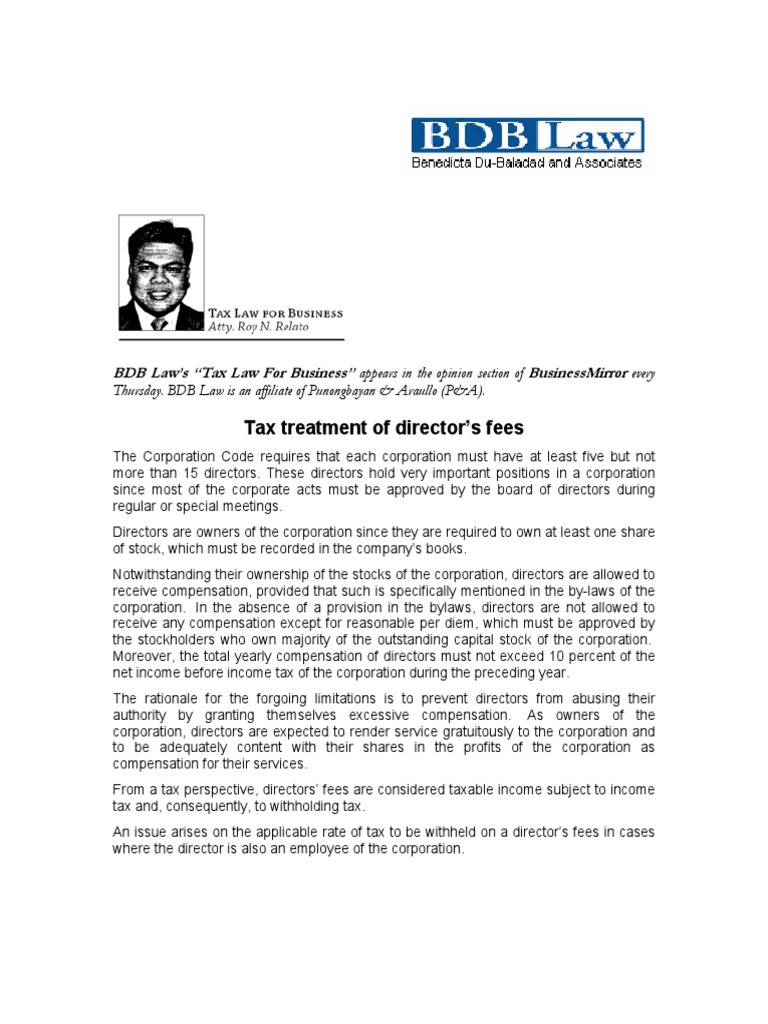 70.BM Tax Treatment of Director's Fees.12.18.08 PDF Board Of