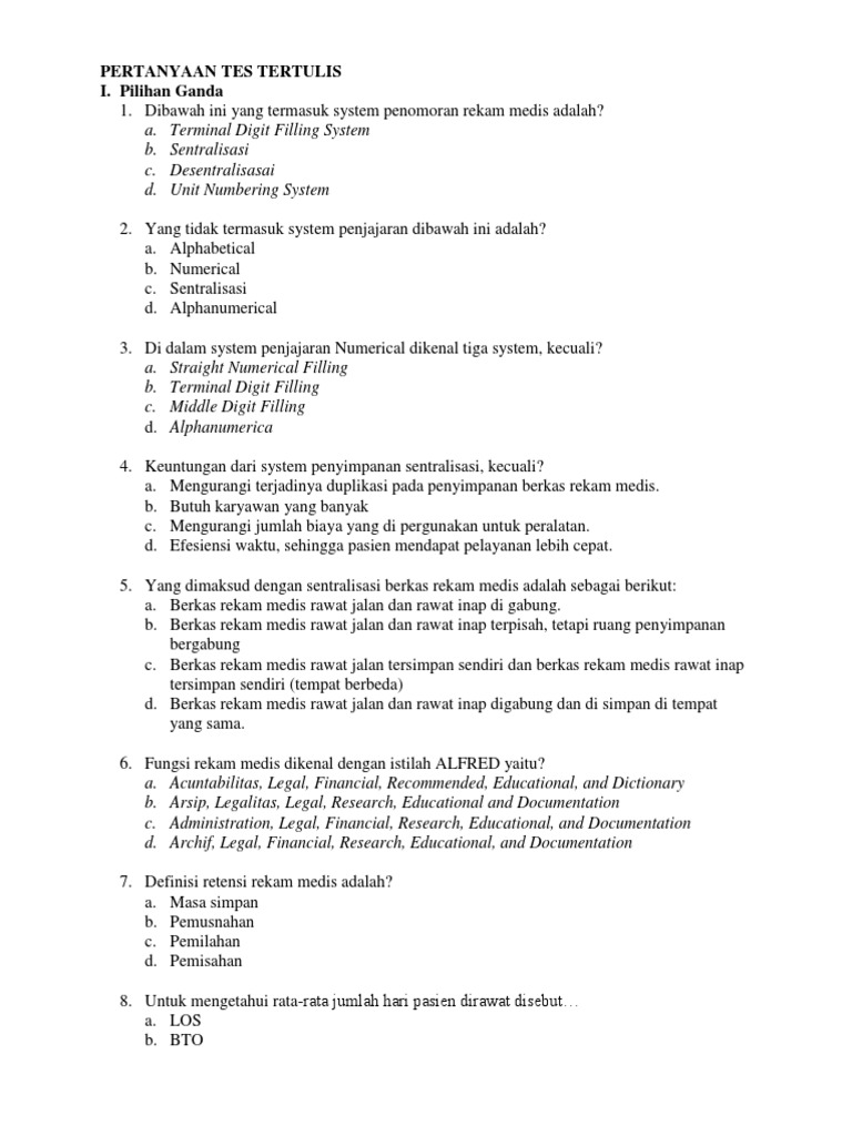 Pertanyaan Tes Tertulis Rekam Medis