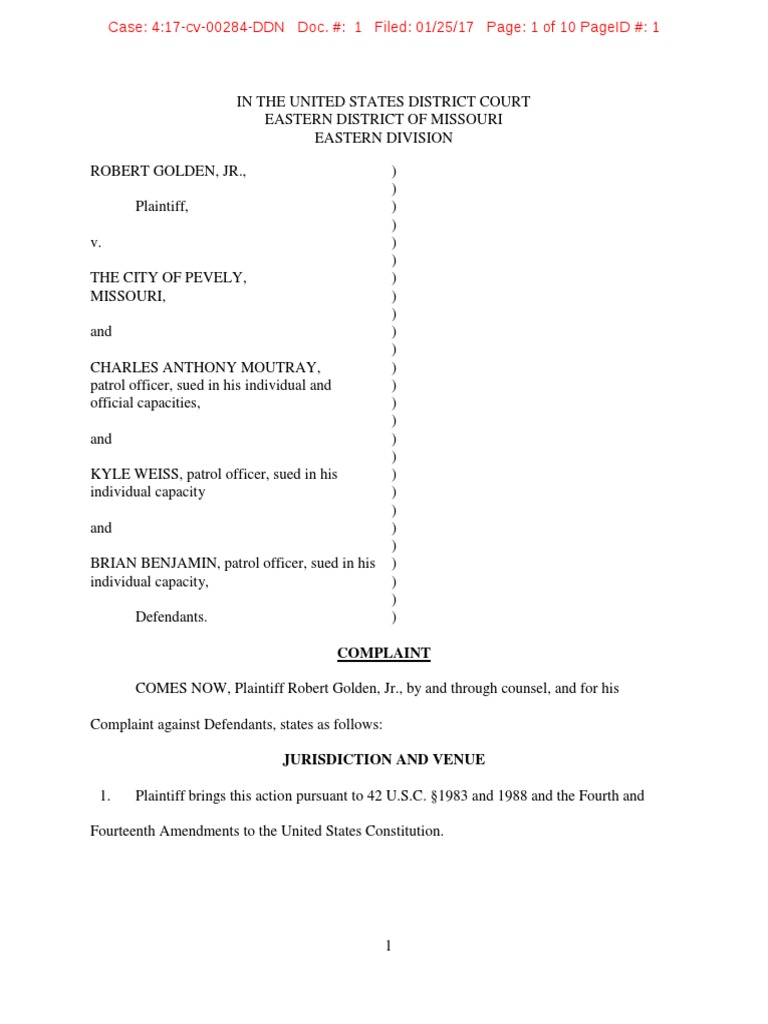 Golden Lawsuit Vs Pevely Police PDF Venue (Law) Damages
